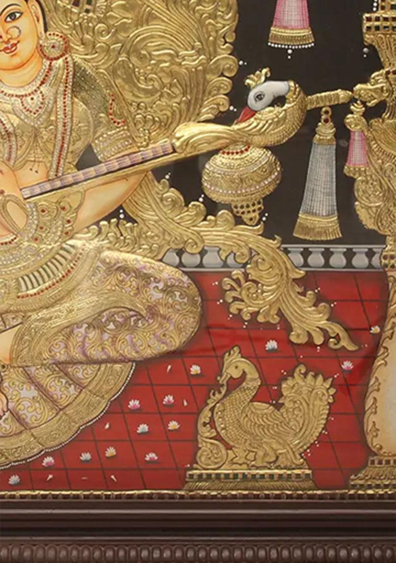Goddess Saraswati Embossed Tanjore Painting Artwork