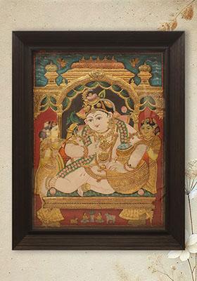 Butter Krishna Embossed Tanjore Painting Artwork In 24Karat Gold