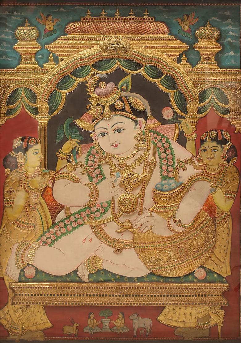 Butter Krishna Embossed Tanjore Painting Artwork In 24Karat Gold