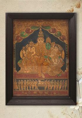 Lord Shiva Family Tanjore Artwork Embossed Painting With 24Karat Gold