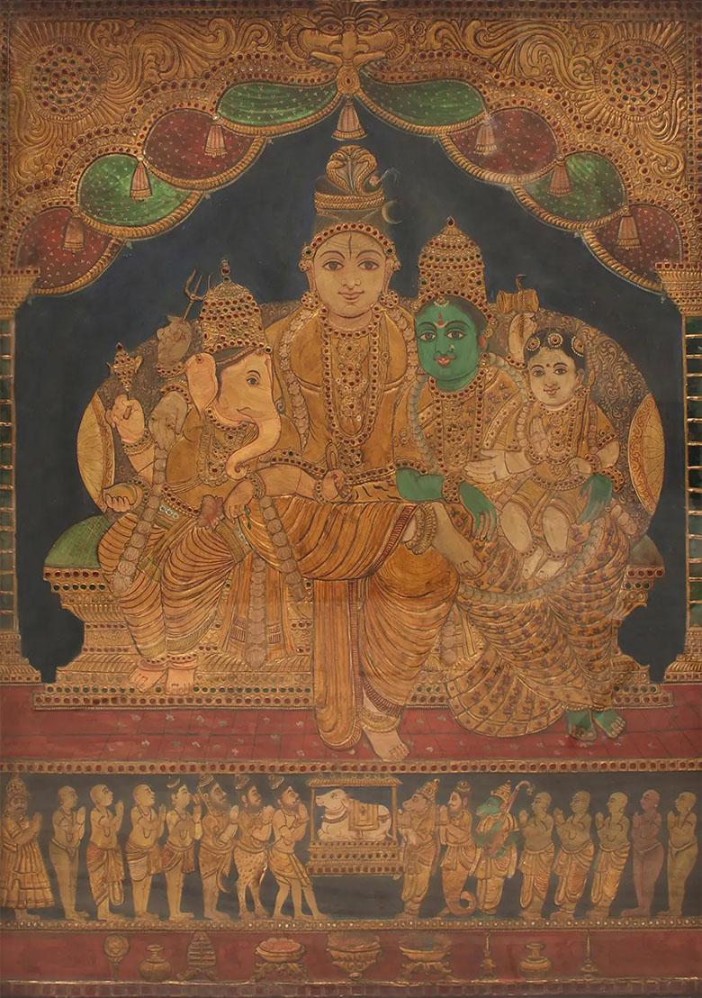 Lord Shiva Family Tanjore Artwork Embossed Painting With 24Karat Gold
