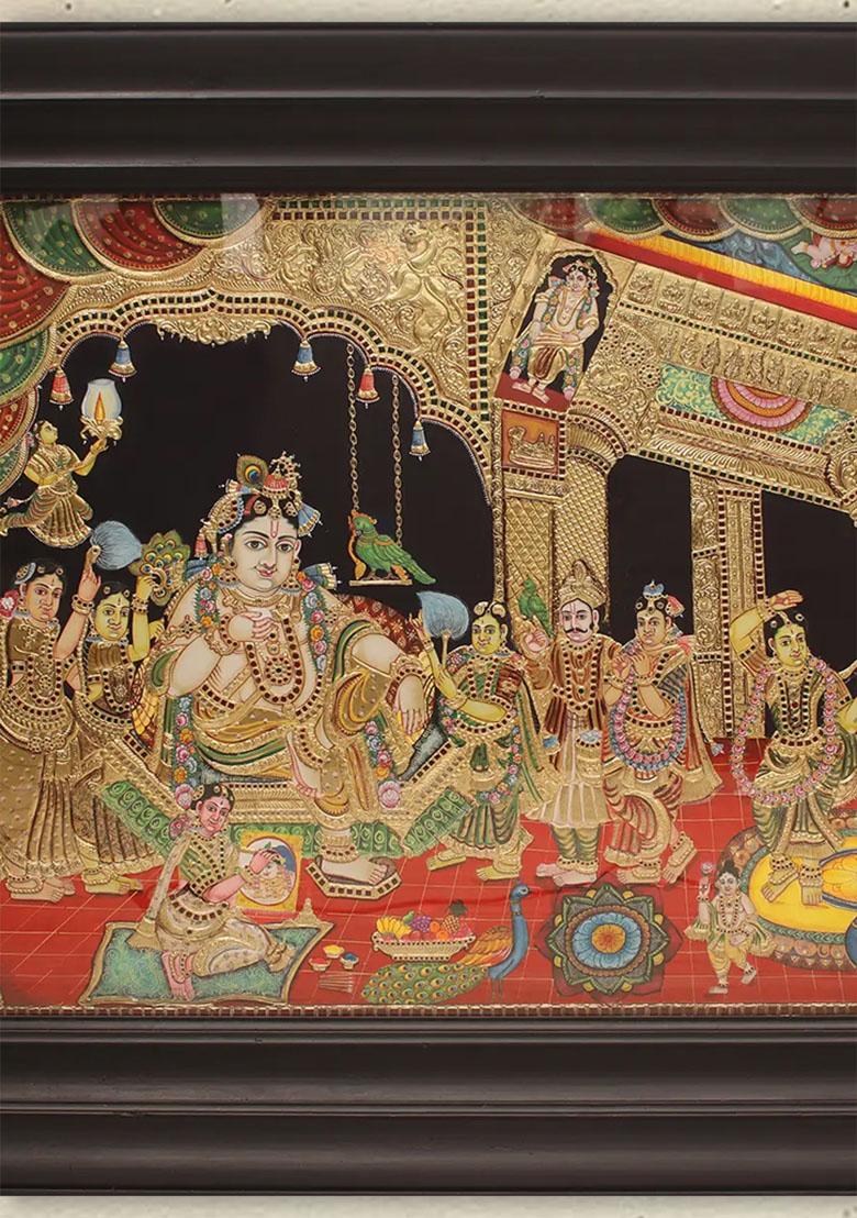 Darbar Krishna Tanjore Painting And 24Karat Gold Embossed Artwork
