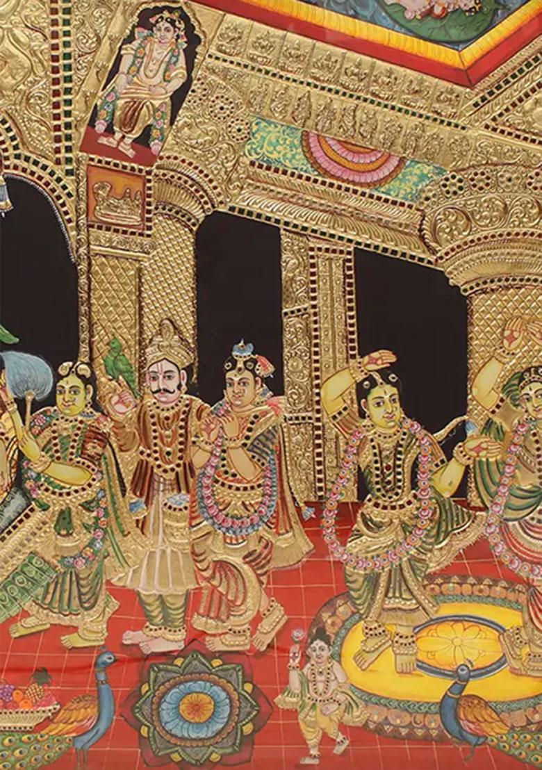 Darbar Krishna Tanjore Painting And 24Karat Gold Embossed Artwork