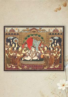 Darbar Krishna Seated Under Sheshnag Tanjore Painting With And 24Karat Gold