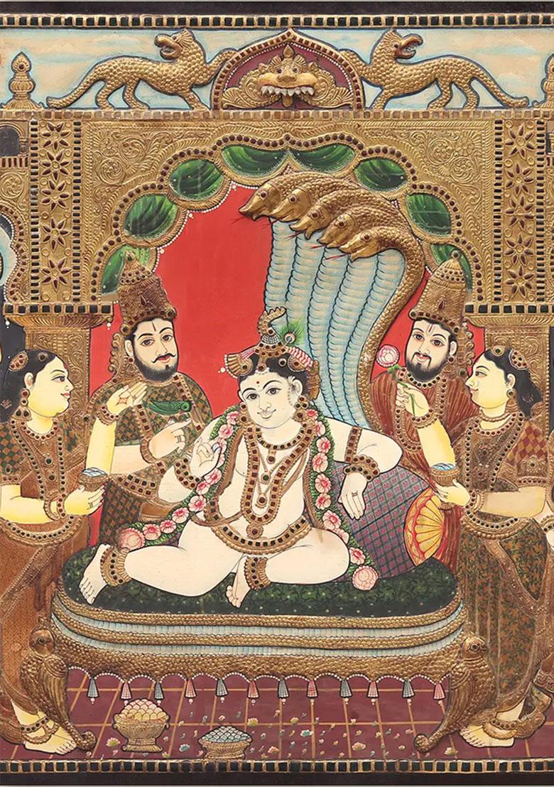 Darbar Krishna Seated Under Sheshnag Tanjore Painting With And 24Karat Gold