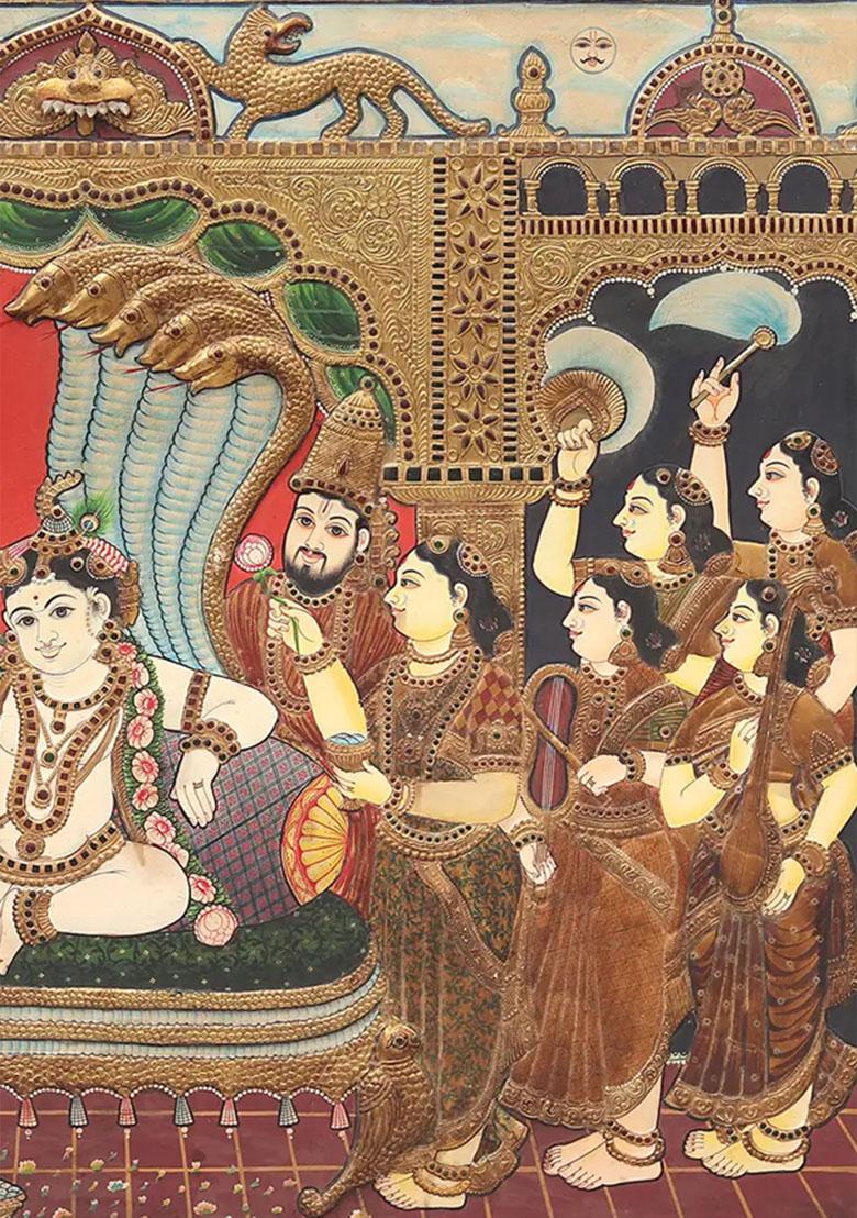 Darbar Krishna Seated Under Sheshnag Tanjore Painting With And 24Karat Gold