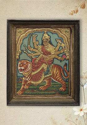 Goddess Durga Tanjore Painting With 24K Gold Teakwood Frame Handmade Masterpiece