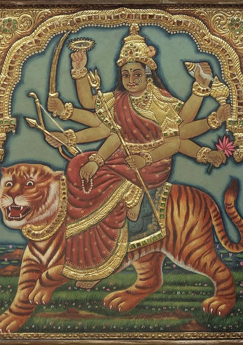 Goddess Durga Tanjore Painting With 24K Gold Teakwood Frame Handmade Masterpiece