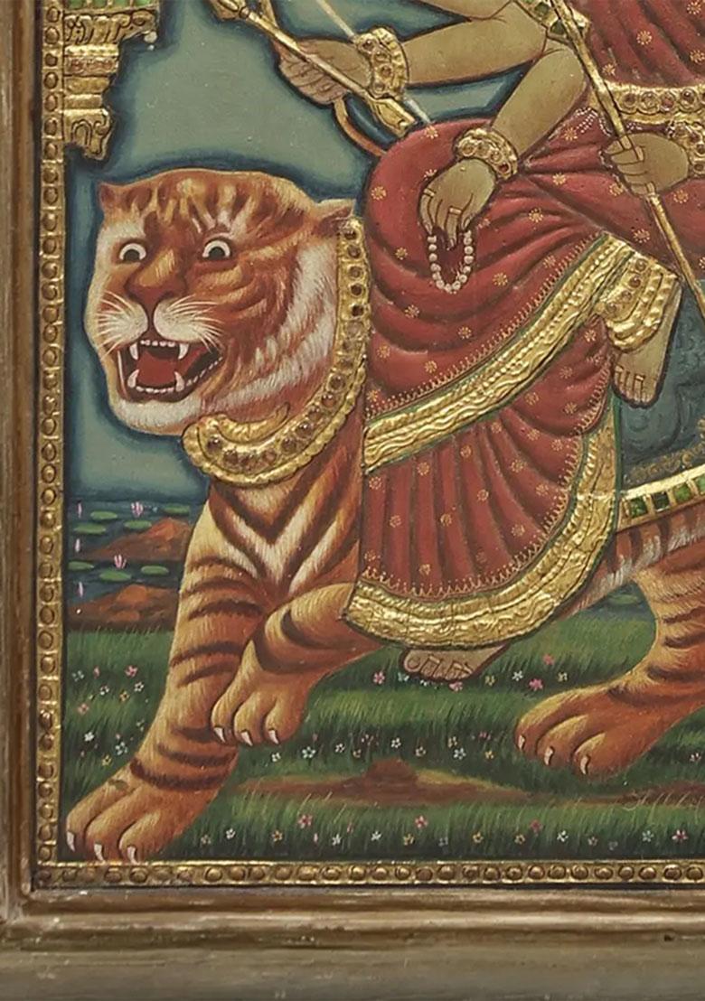 Goddess Durga Tanjore Painting With 24K Gold Teakwood Frame Handmade Masterpiece