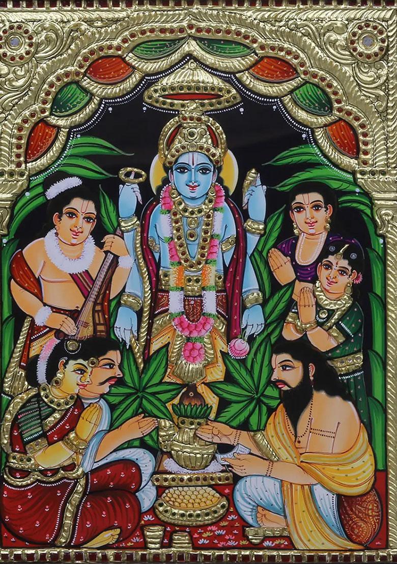 Tanjore Painting Of Satya Narayan Katha With 24 Karat Goldwork