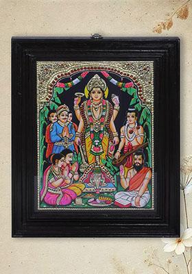 Shri Satyanarayan Katha Tanjore Painting With Teakwood Frame With 24K Gold Handmade Masterpiece