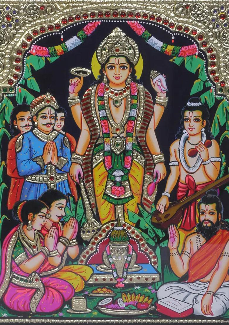 Shri Satyanarayan Katha Tanjore Painting With Teakwood Frame With 24K Gold Handmade Masterpiece