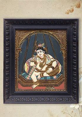 Butter Krishna Tanjore Painting With Gold Embellishment