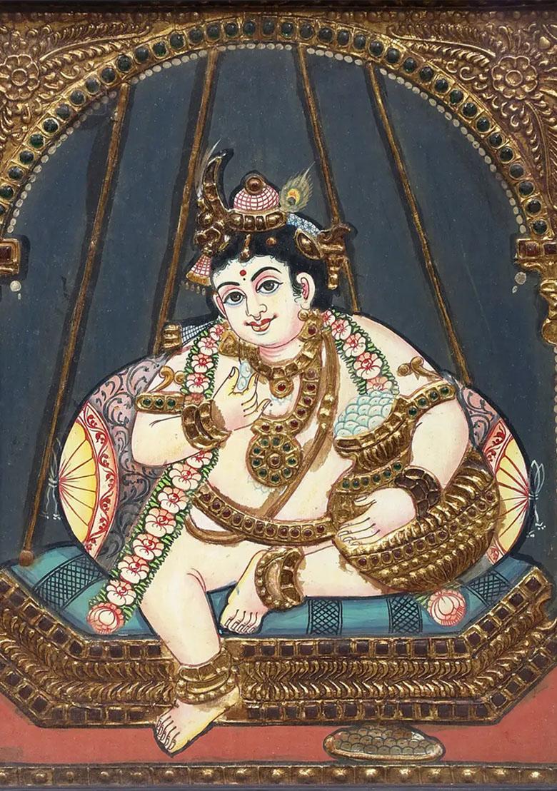 Butter Krishna Tanjore Painting With Gold Embellishment