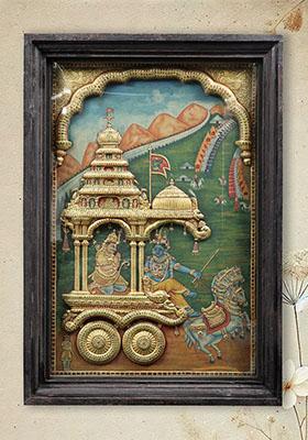 Geethopadesam Embossed Tanjore Painting With Teakwood Frame Art