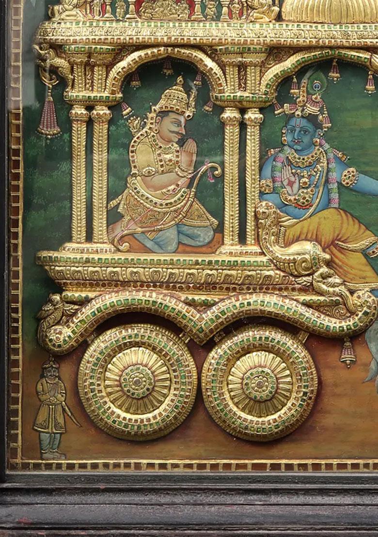 Geethopadesam Embossed Tanjore Painting With Teakwood Frame Art