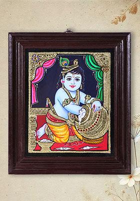 Butter Krishna Tanjore Painting With Teakwood Frame Handmade Artwork