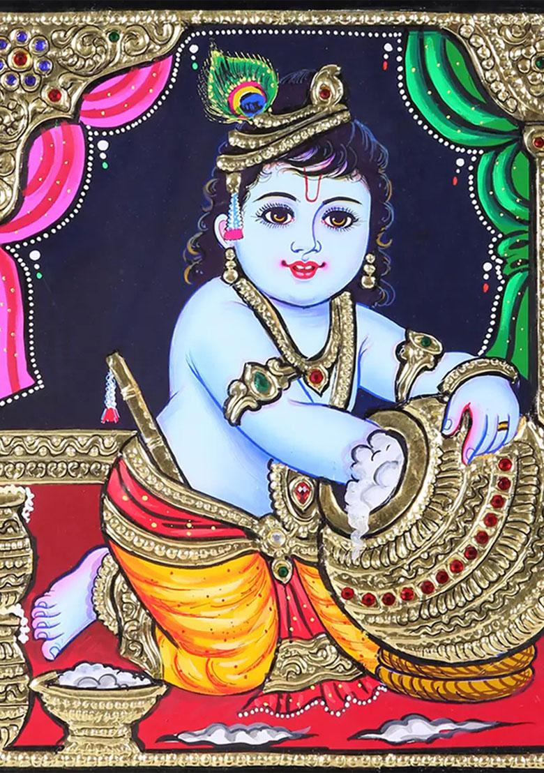 Butter Krishna Tanjore Painting With Teakwood Frame Handmade Artwork