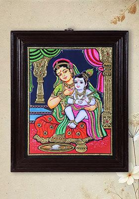 Mother Yashoda Feeding Baby Krishna Tanjore Painting Handmade Artwork
