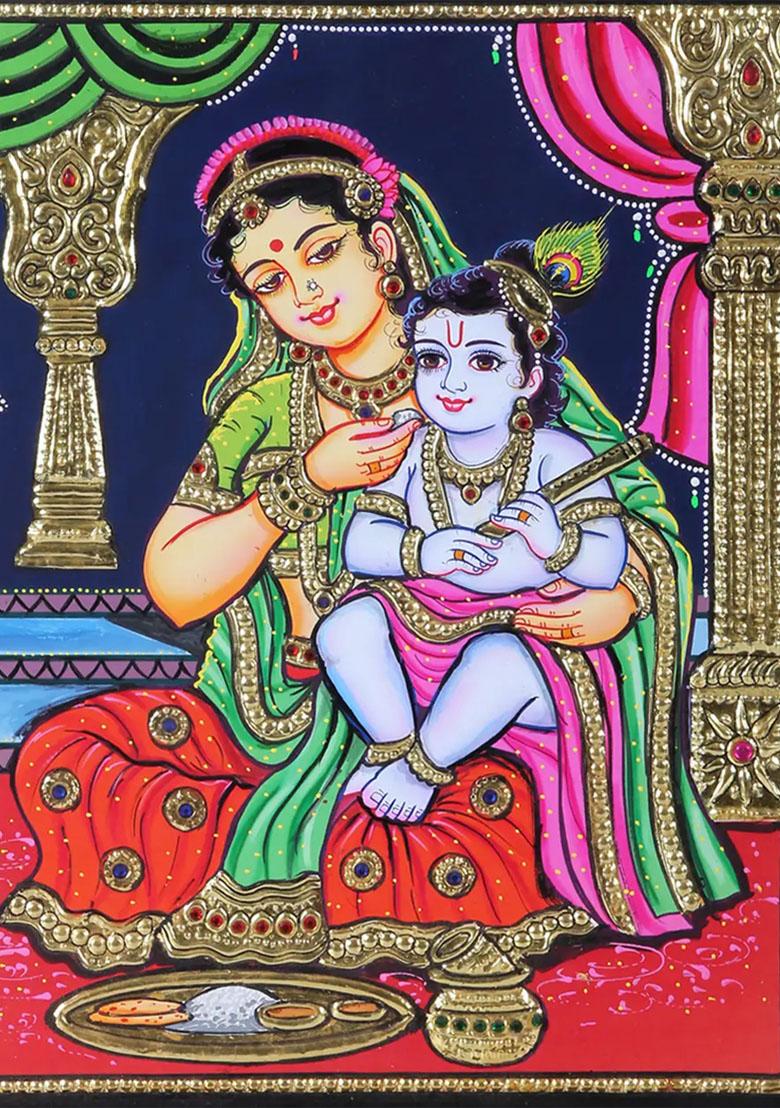 Mother Yashoda Feeding Baby Krishna Tanjore Painting Handmade Artwork