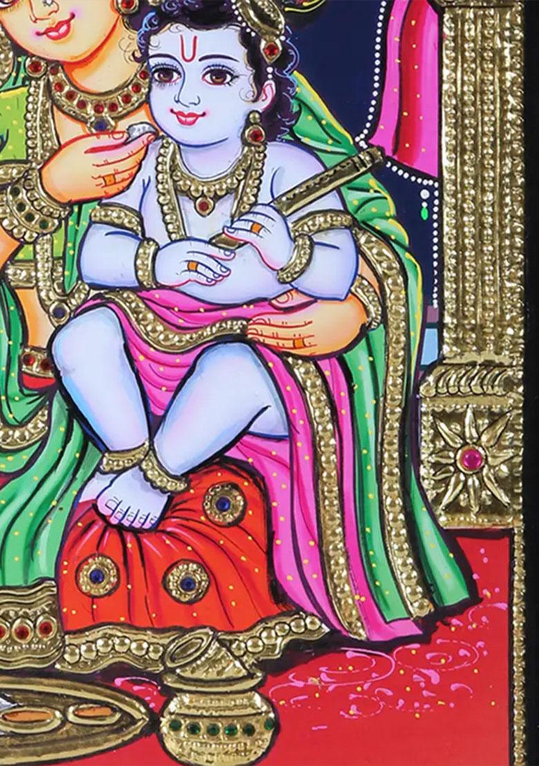 Mother Yashoda Feeding Baby Krishna Tanjore Painting Handmade Artwork
