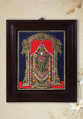 Lord Tirupati Balaji Tanjore Painting Handmade Artwork Teakwood Frame
