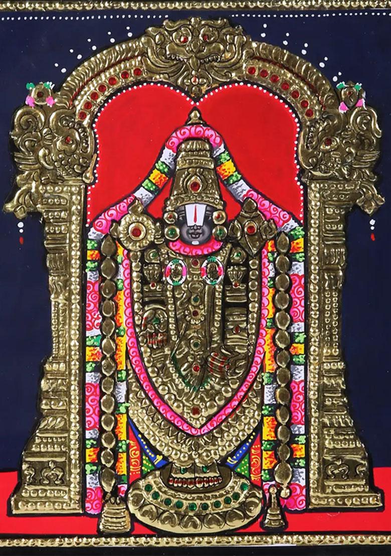 Lord Tirupati Balaji Tanjore Painting Handmade Artwork Teakwood Frame