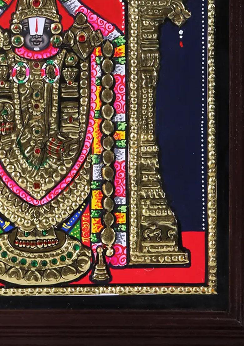 Lord Tirupati Balaji Tanjore Painting Handmade Artwork Teakwood Frame