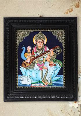 Goddess Saraswati Tanjore Painting Handmade Artwork Teakwood Frame