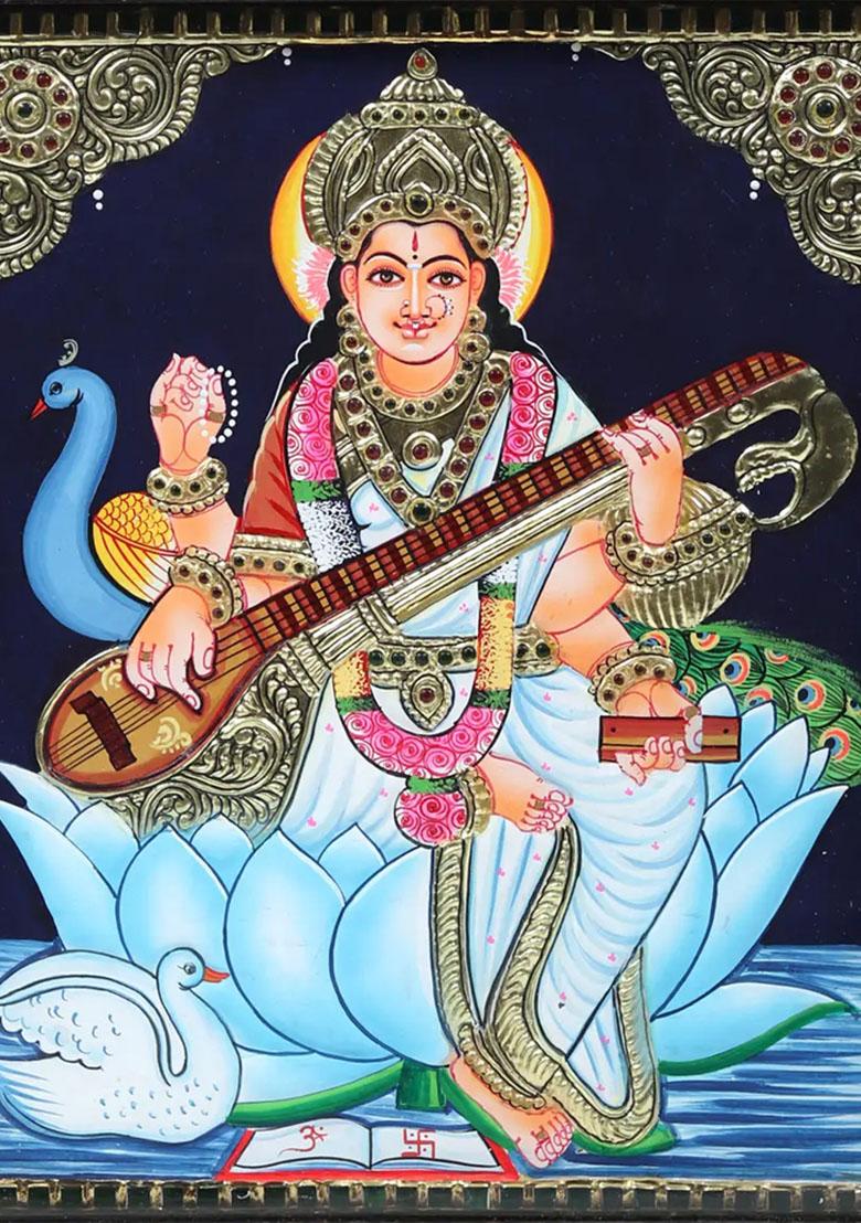 Goddess Saraswati Tanjore Painting Handmade Artwork Teakwood Frame