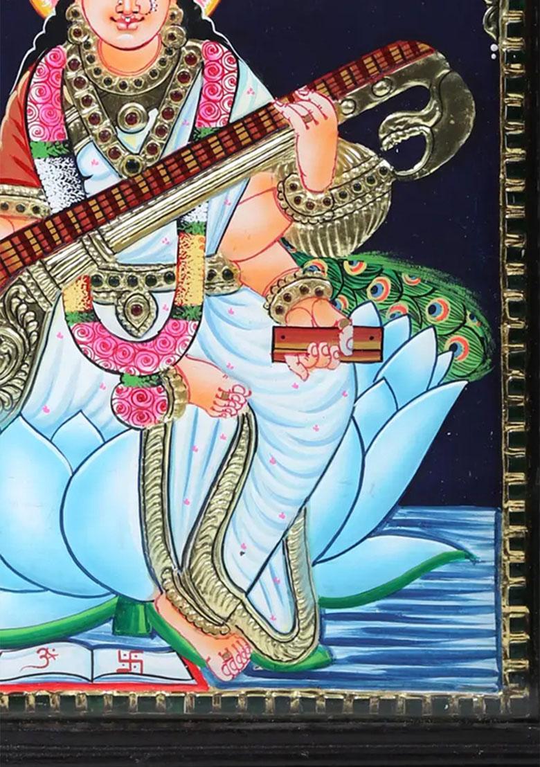Goddess Saraswati Tanjore Painting Handmade Artwork Teakwood Frame