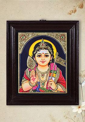Kumar Karttikeya Murugan Face Tanjore Painting Handmade Artwork Teakwood Frame