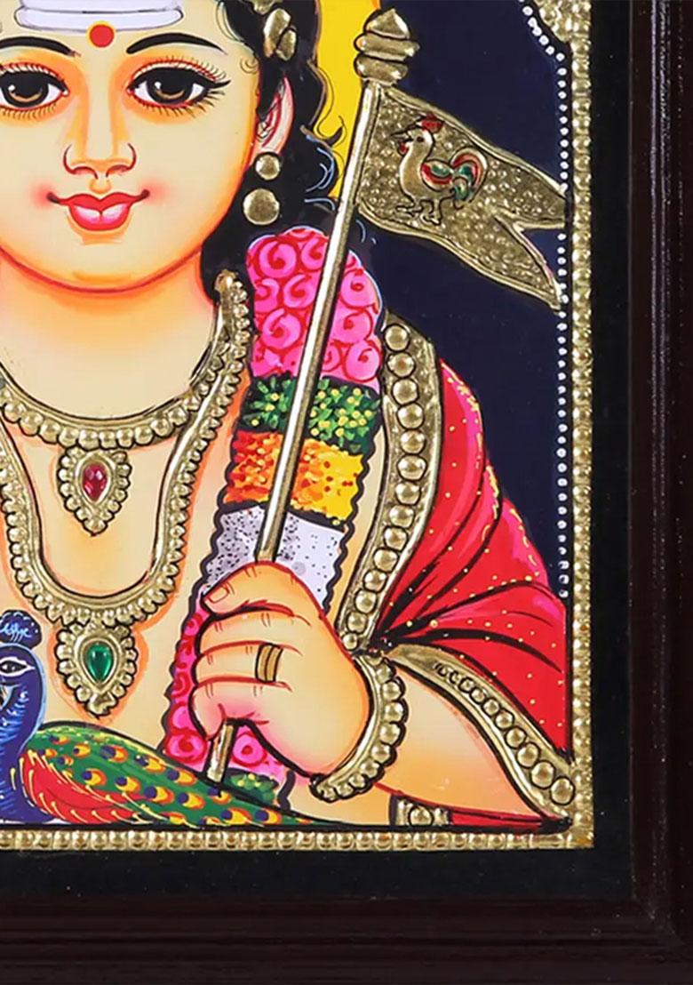 Kumar Karttikeya Murugan Face Tanjore Painting Handmade Artwork Teakwood Frame