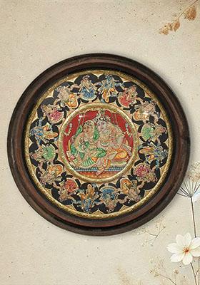 Radha Krishna Rasalila Round Tanjore Painting Vintage Teakwood Frame Handmade Artwork