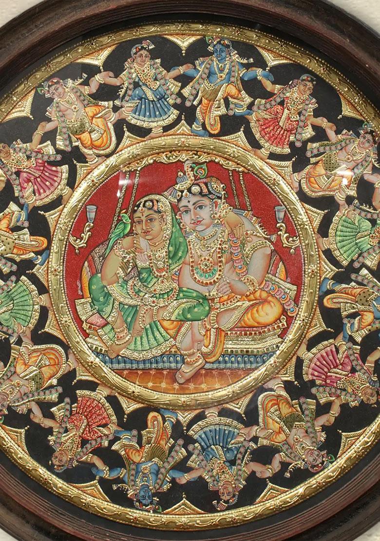 Radha Krishna Rasalila Round Tanjore Painting Vintage Teakwood Frame Handmade Artwork