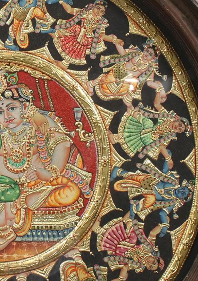 Radha Krishna Rasalila Round Tanjore Painting Vintage Teakwood Frame Handmade Artwork