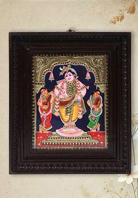 Standing Lord Krishna Tanjore Painting With Gold Handmade Artwork In Teakwood Frame