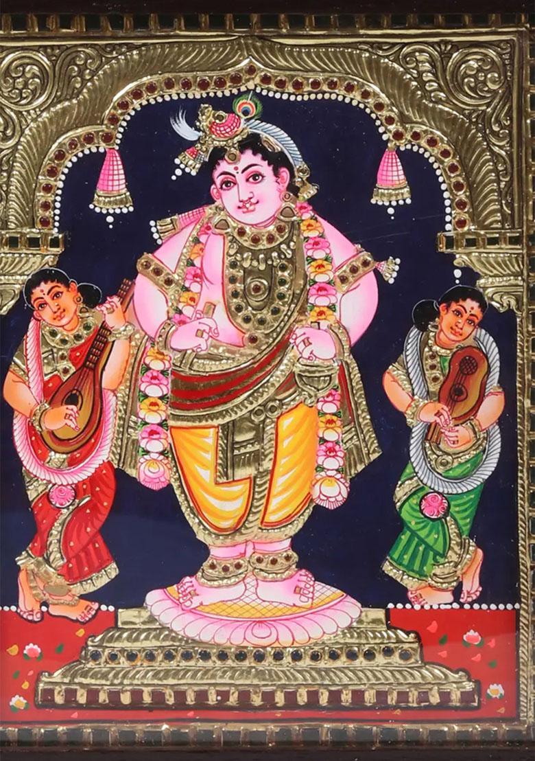 Standing Lord Krishna Tanjore Painting With Gold Handmade Artwork In Teakwood Frame