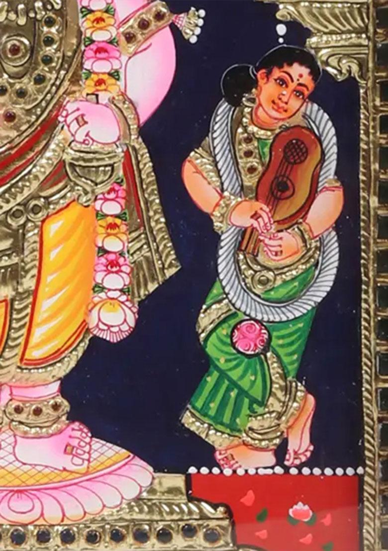 Standing Lord Krishna Tanjore Painting With Gold Handmade Artwork In Teakwood Frame