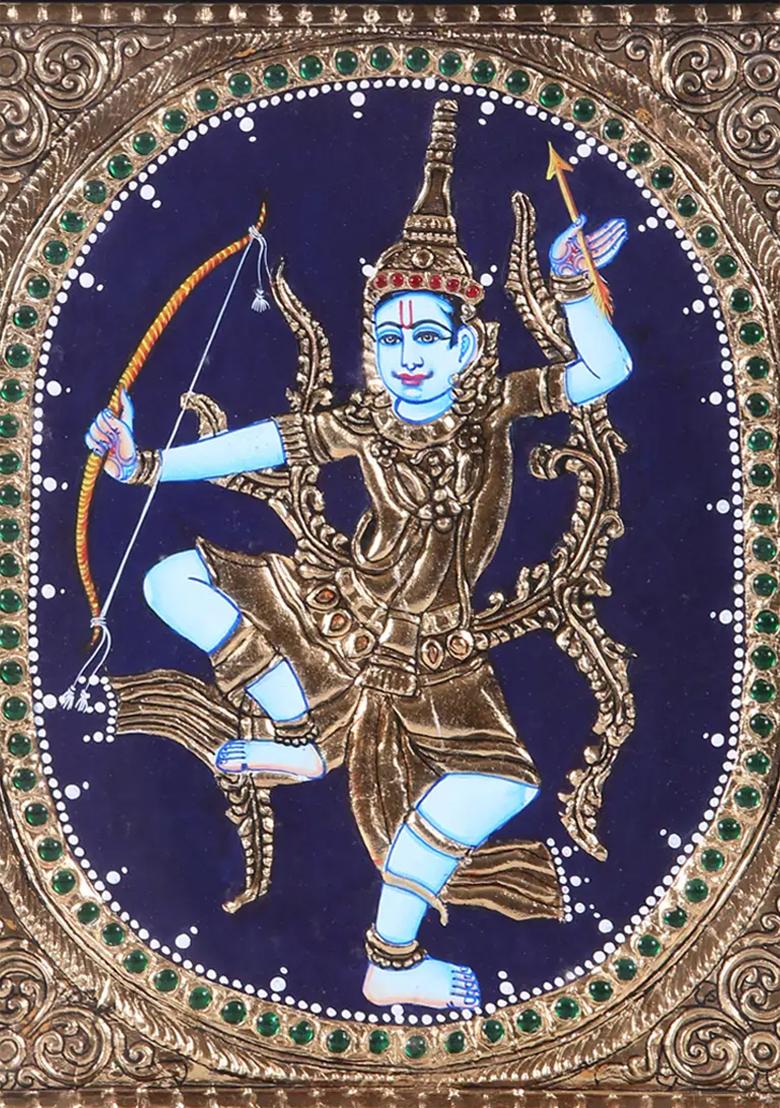 Indonesian Lord Rama Tanjore Painting With Gold Teakwood Frame