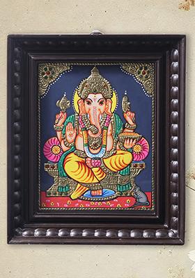 Chaturbhuja Lord Ganesha Seated On Throne Tanjore Painting With Teakwood Frame