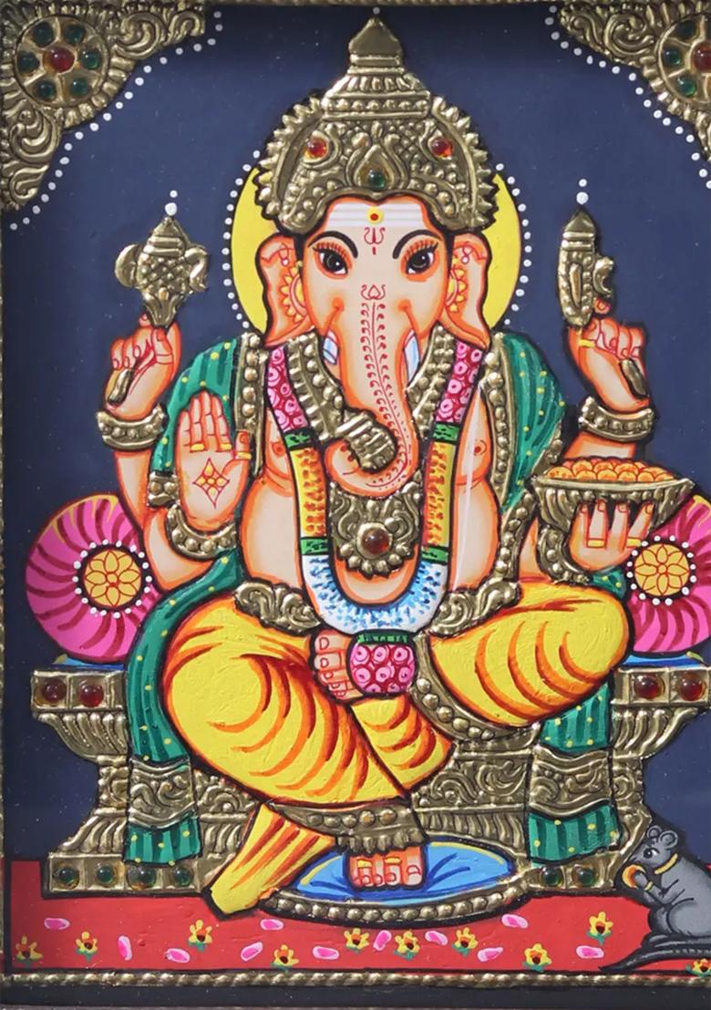 Chaturbhuja Lord Ganesha Seated On Throne Tanjore Painting With Teakwood Frame