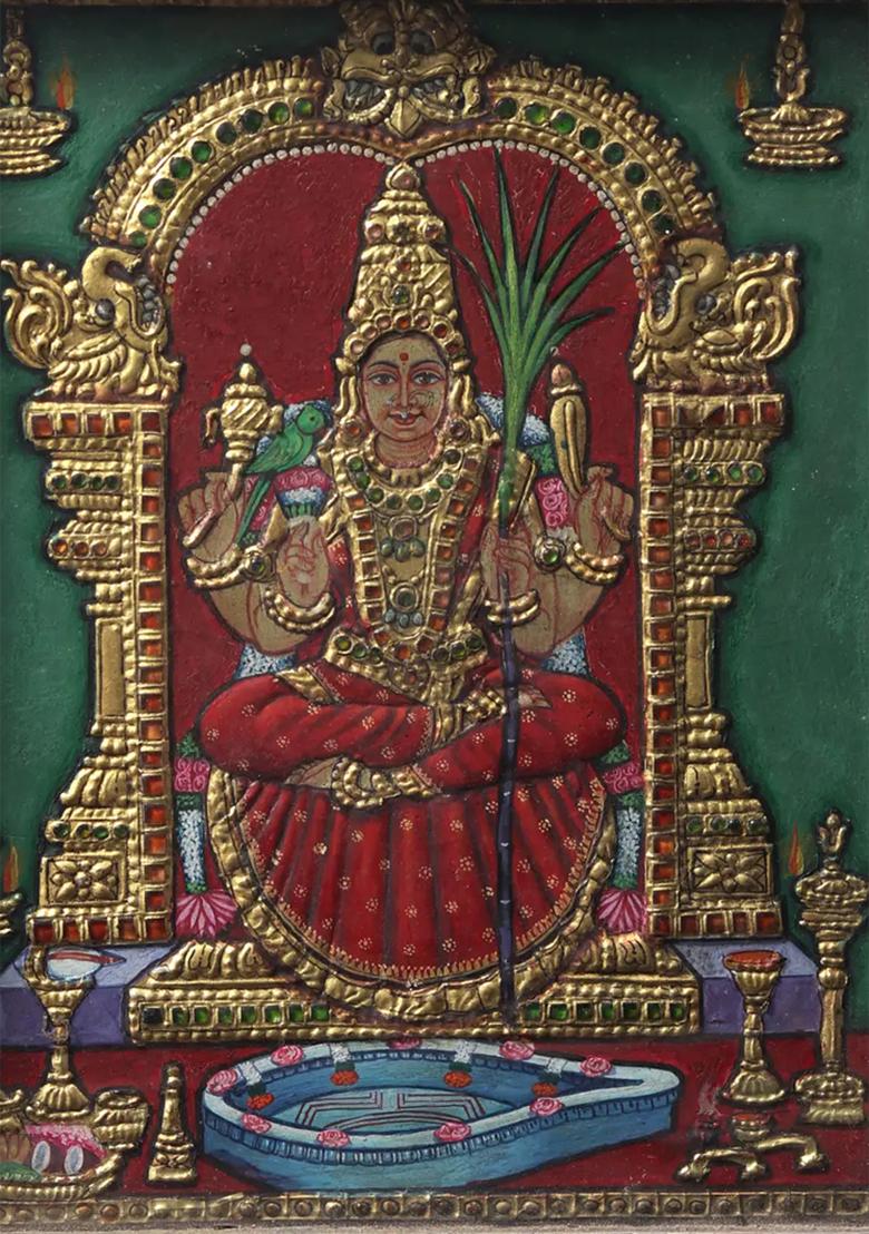 Vintage Goddess Rajarajeshwari Tanjore Painting With Teakwood Frame