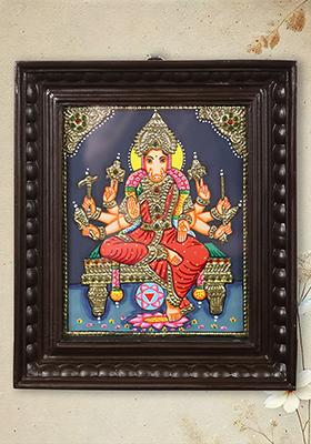 Eightarmed Goddess Varahi Seated On Pedestal Tanjore Painting With Teakwood Frame