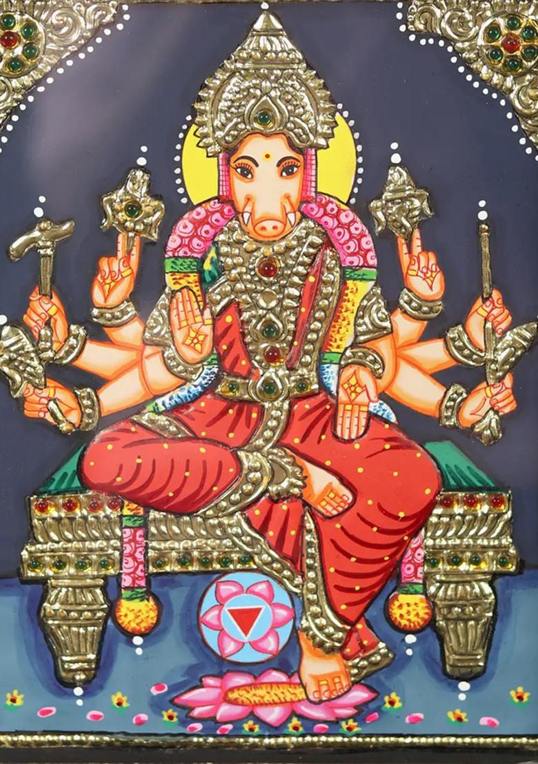 Eightarmed Goddess Varahi Seated On Pedestal Tanjore Painting With Teakwood Frame