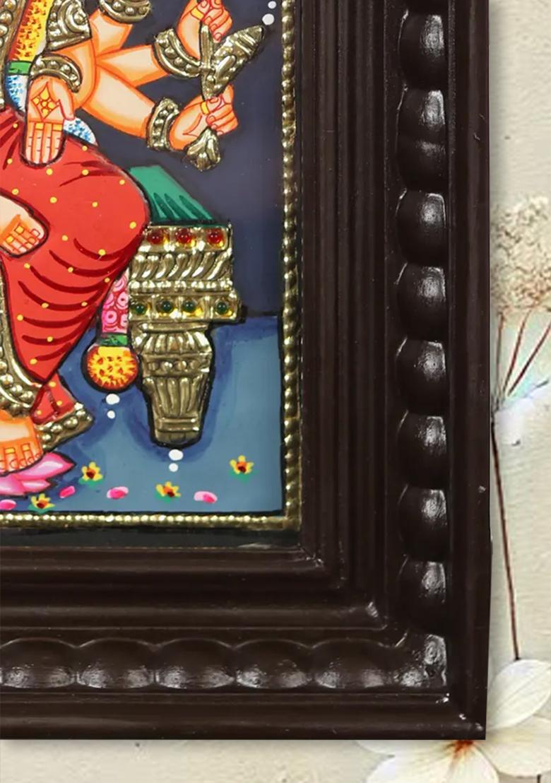 Eightarmed Goddess Varahi Seated On Pedestal Tanjore Painting With Teakwood Frame