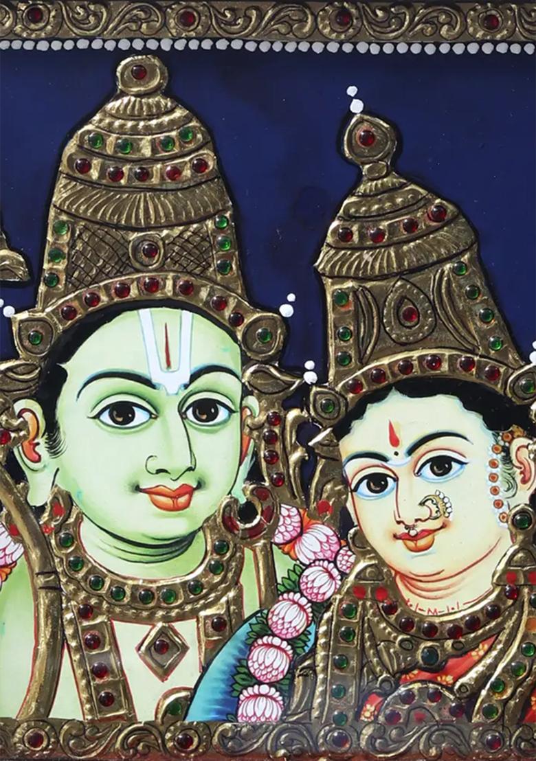 Bhagwan Ram And Devi Sita Tanjore Painting With Teakwood Frame