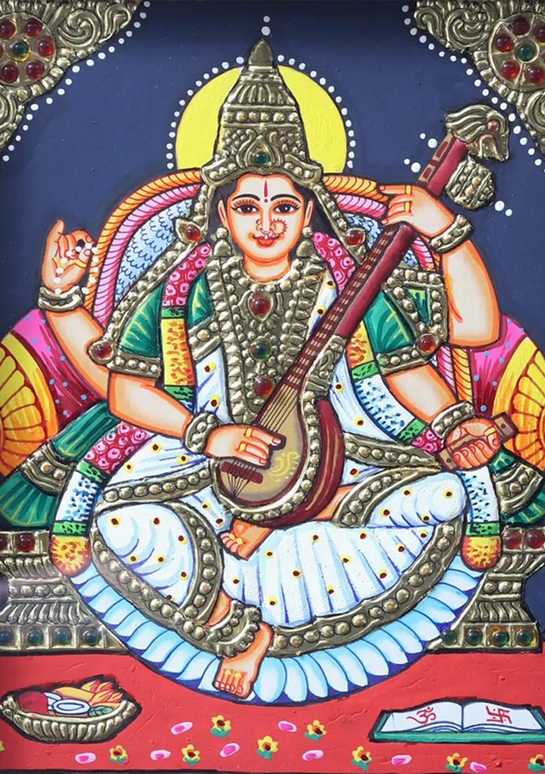Sitting Devi Saraswati Playing Veena Tanjore Painting With Teakwood Frame