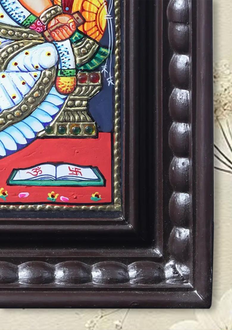 Sitting Devi Saraswati Playing Veena Tanjore Painting With Teakwood Frame