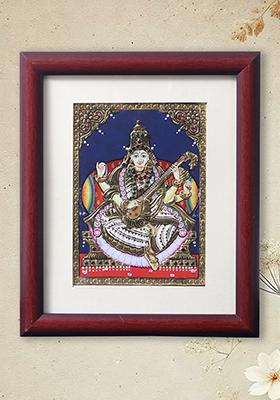 Fourarmed Goddess Saraswati Tanjore Painting
